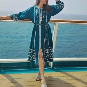 New Zara Teal Long Sleeve Dress with Embroidery S